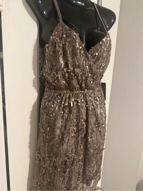 NWT Express Taupe Champagne Sequin Lace Crossover Surplice Slip Dress XS